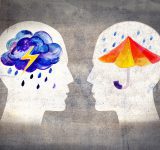 Illustration of two human profiles facing each other to feel feelings: one profile shows a stormy cloud with lightning and raindrops representing negative emotions, while the other profile has a bright umbrella shielding from the rain, symbolizing protection and emotional resilience.