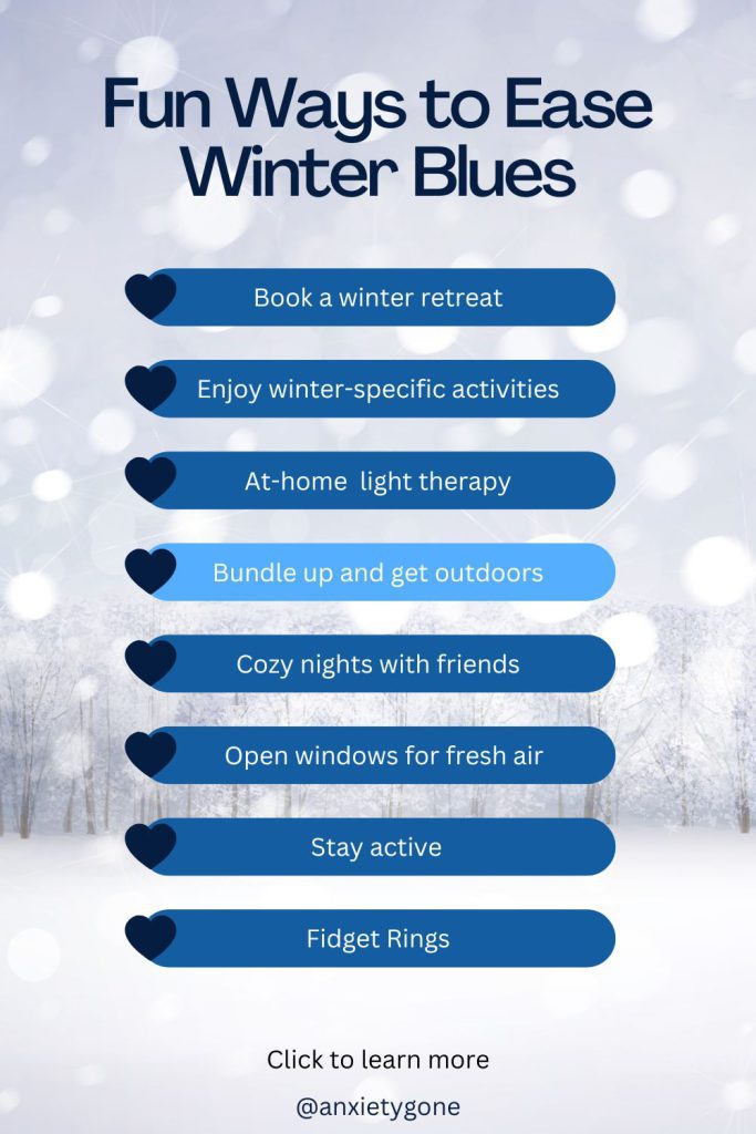 Winter self care activities, like winter vacations and retreats, seasonal affective disorder lamps and fidget rings.